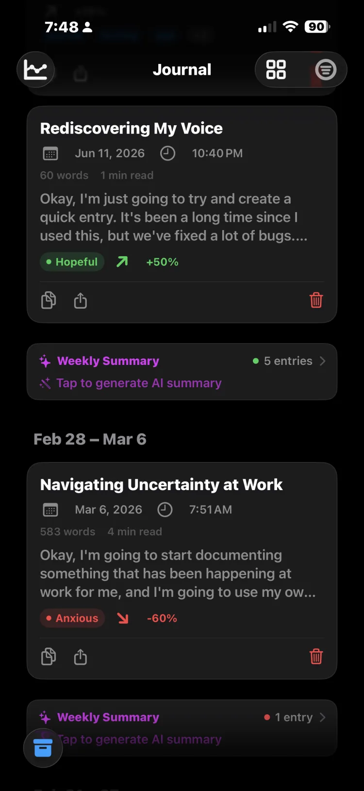 Afterword journal entry and weekly reflection screen