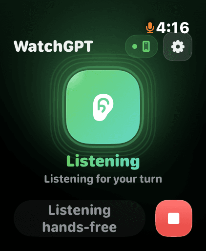 WatchGPT listening state on Apple Watch