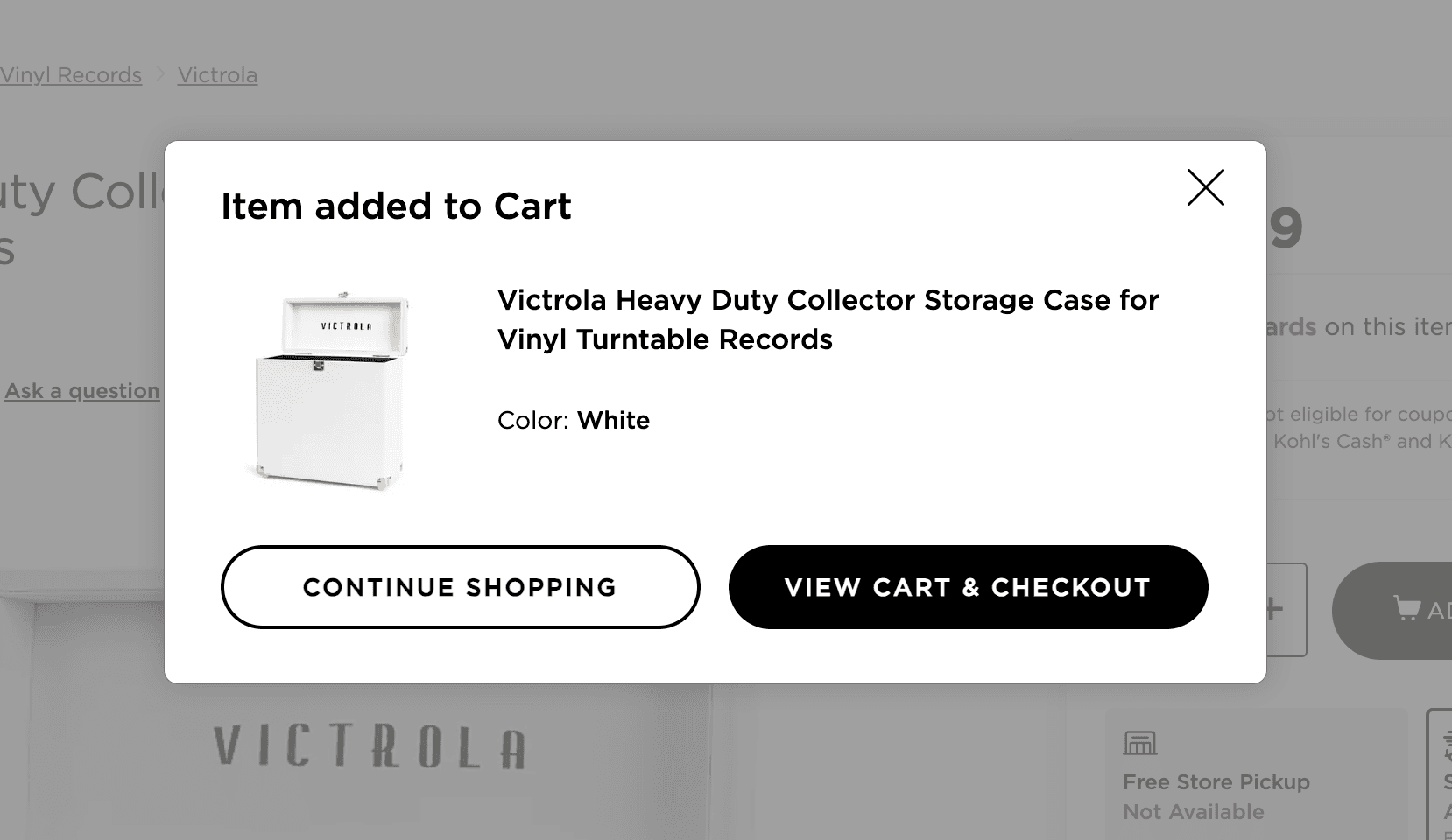 The simplified Kohl's add-to-cart confirmation overlay